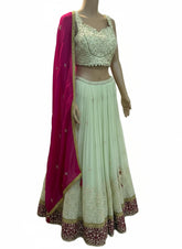 Cream Lehenga with Contrast Pink Border and Matching Dupatta - My Store